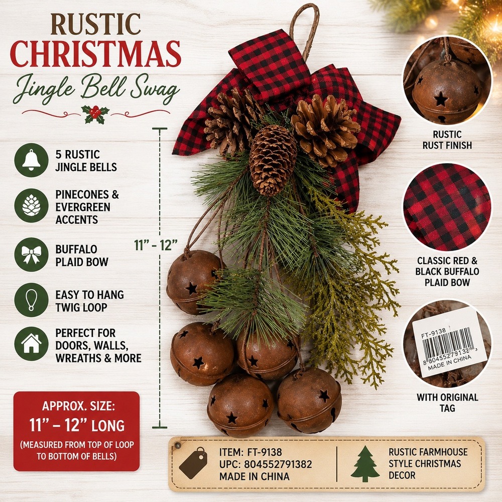 Rustic Christmas Jingle Bell Swag Buffalo Plaid Bow Pinecones FT-9138 New